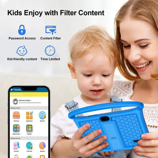 Alt view image 3 of 5 - VOLENTEX Kids Tablet 7 inch, Age 3-7, Android 13 PAD for Kids,4(2+2) GB RAM 32GB ROM Quad-Core with Shockproof Case for Toddler Educational, Bluetooth, WiFi, Dual Camera (Blue)