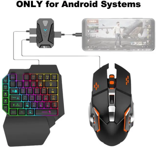 Alt view image 2 of 5 - 4 in 1 Mobile Game Combo Pack, One Handed Gaming Keyboard, Mouse, Converter & Adjustable Phone Stand, Half Keyboard for Mobile Phone Gaming, Fast Charging, No Latency