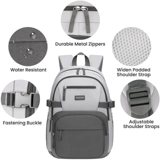 Alt view image 4 of 5 - WINDARS Backpack for School Girls, Cute High School Backpacks for Teens Women Student Large Bookbag 15.6 Inch Laptop Bag with USB Charger Port for College Work Travel Trip (Dark Grey & Light Grey)