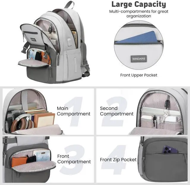 Alt view image 2 of 5 - WINDARS Backpack for School Girls, Cute High School Backpacks for Teens Women Student Large Bookbag 15.6 Inch Laptop Bag with USB Charger Port for College Work Travel Trip (Dark Grey & Light Grey)