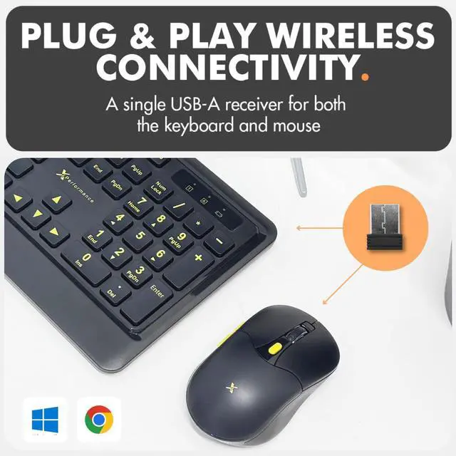 Alt view image 3 of 5 - X9 Performance Large Print Wireless Keyboard and Mouse Combo - 4X Larger Oversize Yellow Letters for Seniors and Low Vision Users - 2.4Ghz Wireless Mouse and Keyboard Combo for PC