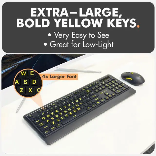 Alt view image 2 of 5 - X9 Performance Large Print Wireless Keyboard and Mouse Combo - 4X Larger Oversize Yellow Letters for Seniors and Low Vision Users - 2.4Ghz Wireless Mouse and Keyboard Combo for PC