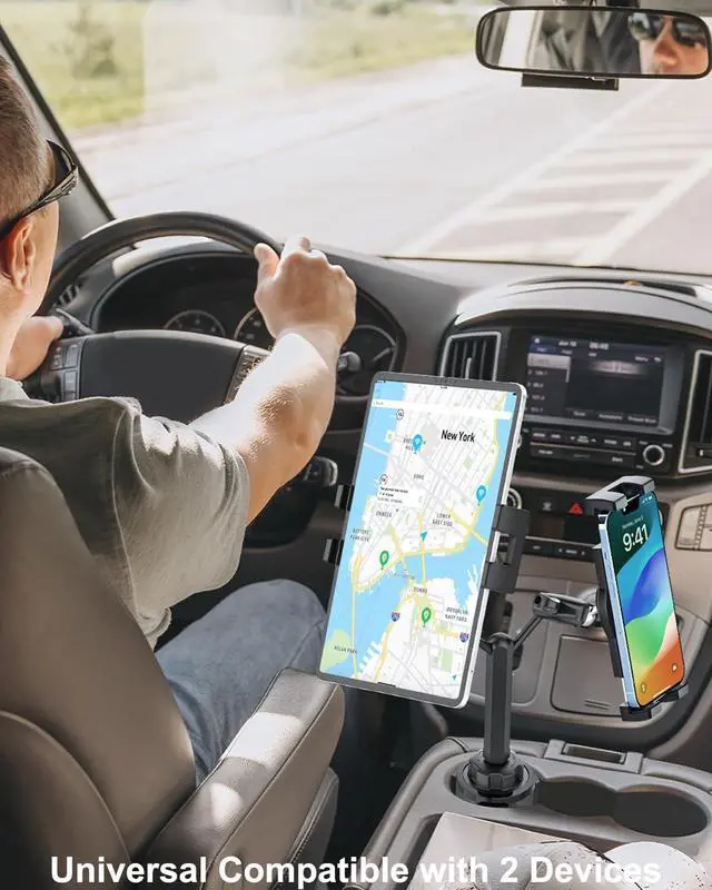 Alt view image 2 of 5 - woleyi Dual Tablet Holder for Car Cup - [Double Metal Arm] Heavy Duty Adjustable Car Cup Holder Tablet Mount for Truck, Compatible with iPad Pro Air Mini, Galaxy Tabs, Z Fold, iPhone, 4.7-13" Devices