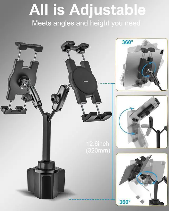Alt view image 4 of 5 - woleyi Dual Tablet Holder for Car Cup - [Double Metal Arm] Heavy Duty Adjustable Car Cup Holder Tablet Mount for Truck, Compatible with iPad Pro Air Mini, Galaxy Tabs, Z Fold, iPhone, 4.7-13" Devices