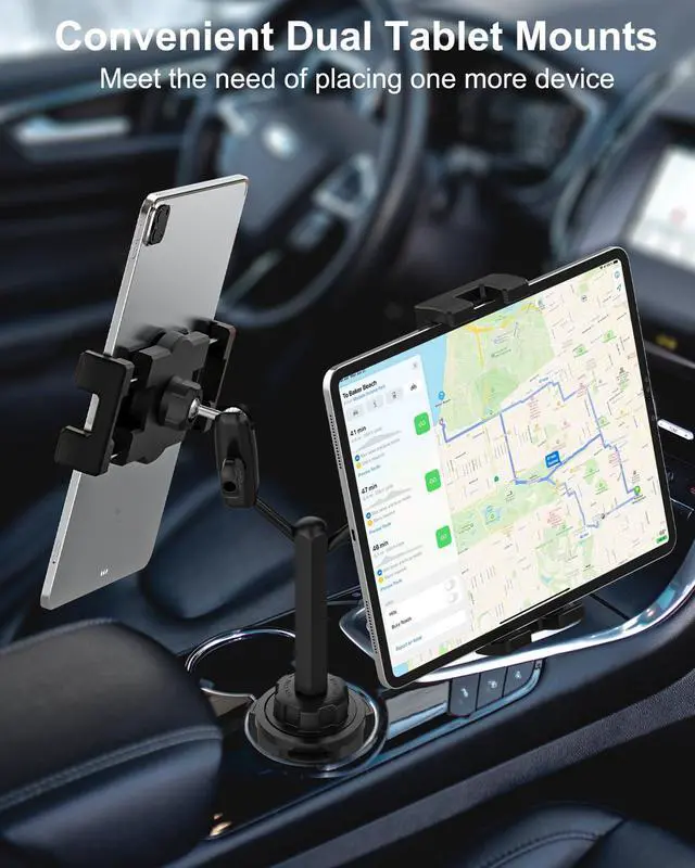Alt view image 5 of 5 - woleyi Dual Tablet Holder for Car Cup - [Double Metal Arm] Heavy Duty Adjustable Car Cup Holder Tablet Mount for Truck, Compatible with iPad Pro Air Mini, Galaxy Tabs, Z Fold, iPhone, 4.7-13" Devices