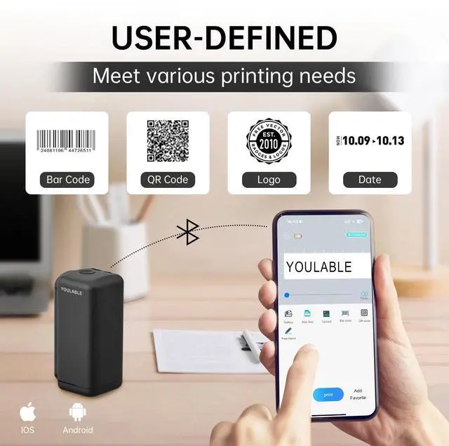 Alt view image 2 of 5 - YOULABLE Portable Mini Handheld Inkjet Label Printer with Quick-Dry Ink Bluetooth Wireless Smart Printing Machine Logo QR Code Barcode PrintInd for Canvas Plastic Glass Wood and Metal Material