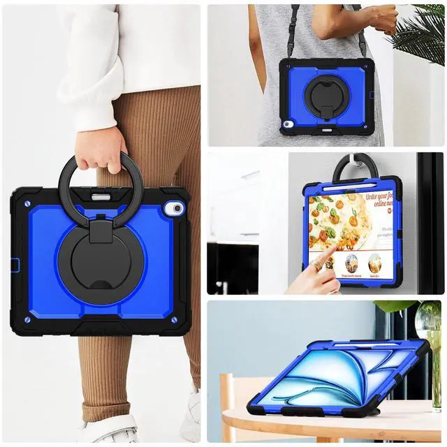 Alt view image 2 of 5 - ZSLVPN for iPad Air 13 Inch Case M3 2025 / M2 2024, Heavy Duty Drop Protection Case with Screen Protector- Pencil Holder- Rotating Stand & Handle- Shoulder Strap-Shockproof Rugged Cover, Black/Blue