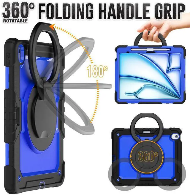 Alt view image 4 of 5 - ZSLVPN for iPad Air 13 Inch Case M3 2025 / M2 2024, Heavy Duty Drop Protection Case with Screen Protector- Pencil Holder- Rotating Stand & Handle- Shoulder Strap-Shockproof Rugged Cover, Black/Blue