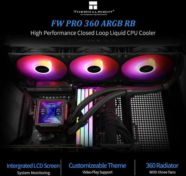 Alt view image 2 of 5 - Thermalright FW PRO 360 ARGB RB CPU AIO Cooler,Computer Water Cooler System,IPS LCD Screen with 320x320 Resolution,for AM5,Intel LGA1700/1851,CPU Cooler with 2.73-in LCD Display,Magnetic Cold Head-Red