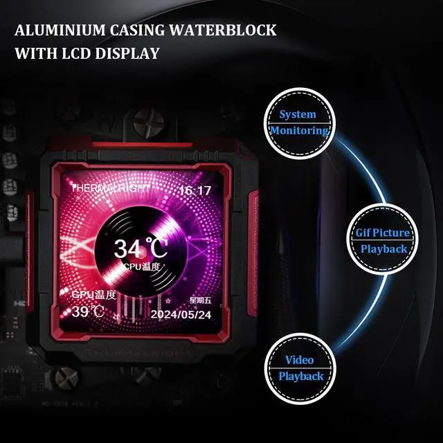 Alt view image 4 of 5 - Thermalright FW PRO 360 ARGB RB CPU AIO Cooler,Computer Water Cooler System,IPS LCD Screen with 320x320 Resolution,for AM5,Intel LGA1700/1851,CPU Cooler with 2.73-in LCD Display,Magnetic Cold Head-Red