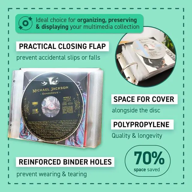 Alt view image 3 of 5 - Tarifold DJOIS CD Sleeves - Durable CD Storage & Protection - 120 Micron Orange Peel Polypropylene - 100 Unit Capacity - Binder Holes - Closing Flap - Space for Cover - Made in Denmark