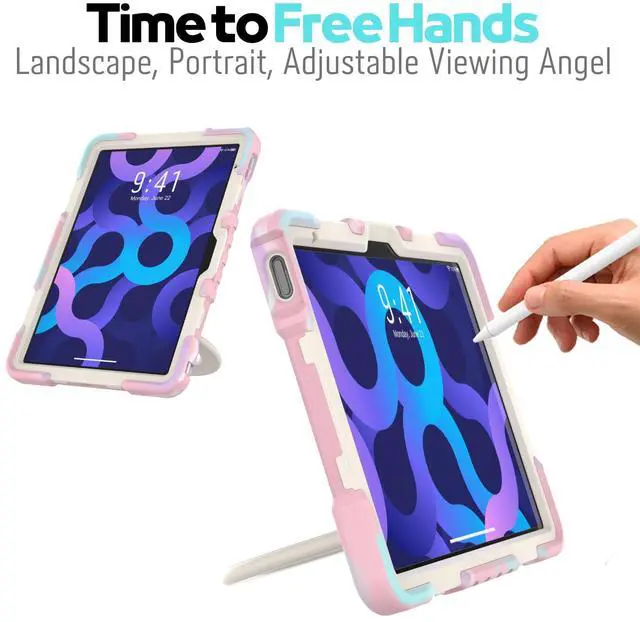 Alt view image 5 of 5 - PEPKOO Triple Shock Protection Case for iPad 10th Generation 10.9 inch 2022, Kids Boy Girl Rugged Cover with Pencil Holder, Kickstand Handle, Shoulder Strap (Colorful Pink)
