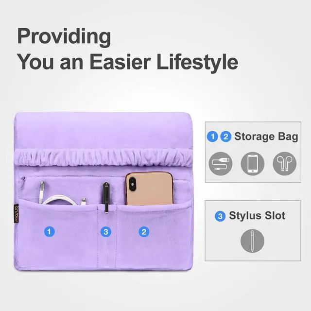 Alt view image 3 of 5 - MOSISO Tablet Pillow Stand,Soft Tablet Holder for Lap,Tablet Soft Pad Dock with Pocket&Stylus Slot&4 Viewing Angles&Gaming Mouse Pad&Mousepad&Wrist Rest Support for Mouse, Purple&Purple Cloud Calendar