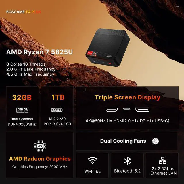Alt view image 2 of 5 - BOSGAME Mini Gaming PC AMD Ryzen 7 5825U, Micro PC 32GB DDR4 RAM 1TB SSD, Mini Desktop Computer Dual LAN 2.5GbE/4K Triple Display/WiFi6E/BT5.2 for Home/Office/Gamer