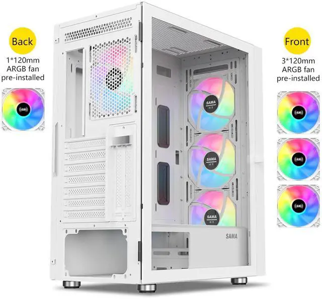 Alt view image 2 of 5 - SAMA 3509 ATX Mid Tower Computer Case Steel Mesh Front Tempered Glass with Open Door 4 ARGB Fans Pre-Install USB3.0X2 360mm AIO Support at Front White