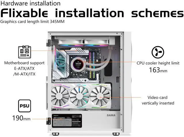 Alt view image 5 of 5 - SAMA 3509 ATX Mid Tower Computer Case Steel Mesh Front Tempered Glass with Open Door 4 ARGB Fans Pre-Install USB3.0X2 360mm AIO Support at Front White