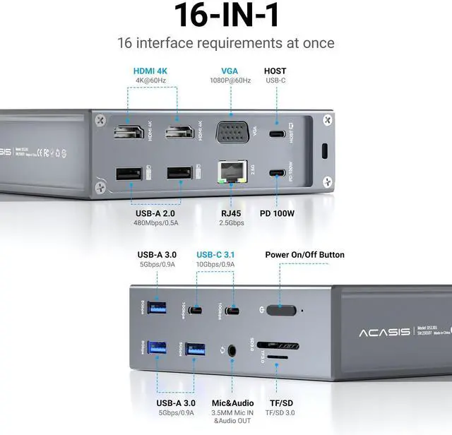 Alt view image 2 of 5 - ACASIS USB C Docking Station Dual Monitor,Laptpop Docking Station with 4K60Hz HDMI,1080P60HZ VGA,2.5G Ethernet,SD/TF,10Gbps USB Sports,3.5mm Audio,PD100W,USB C Dock for MacOS/Laptpop/HP/DELL (S-GY)