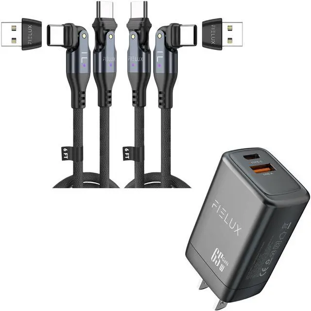 Main image of FIELUX 240W USB C to USB C Cable [2 Pack 6FT/6FT + USB A Adapter] + 65W Dual Port USB A & USB C Wall Charger (Black)