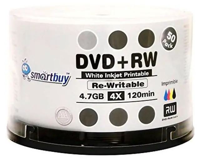 Main image of 50 Pack Smartbuy Blank DVD+RW 4X 4.7GB 120Min White Inkjet Hub Printable Rewritable DVD Media Disc