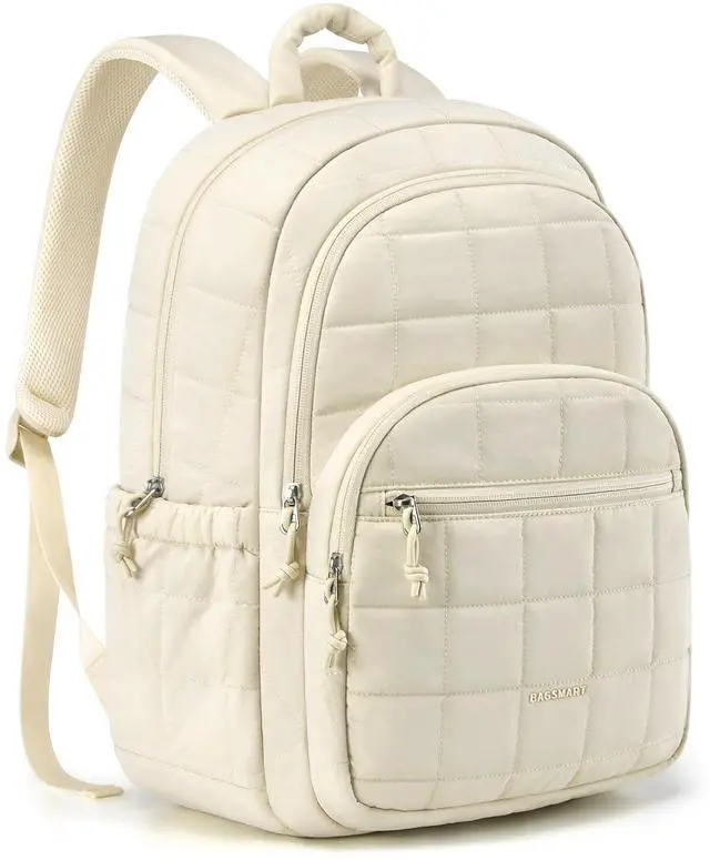 Main image of BAGSMART College Laptop Backpack, Travel Laptop Backpack for Women, Quilted Casual Daypack, Water-Resistant Bookbag for 15.6 Inch Laptop, Beige