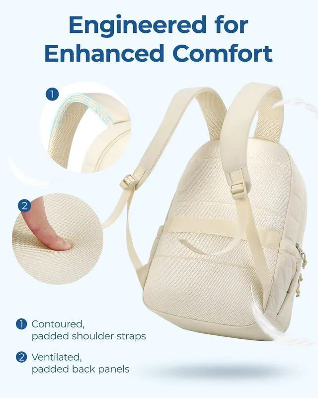 Alt view image 5 of 5 - BAGSMART College Laptop Backpack, Travel Laptop Backpack for Women, Quilted Casual Daypack, Water-Resistant Bookbag for 15.6 Inch Laptop, Beige