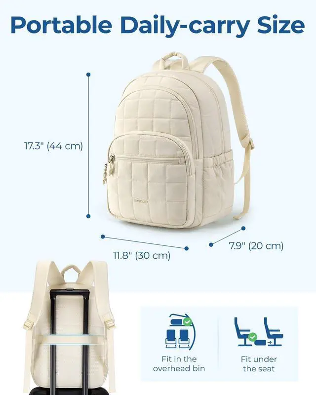 Alt view image 2 of 5 - BAGSMART College Laptop Backpack, Travel Laptop Backpack for Women, Quilted Casual Daypack, Water-Resistant Bookbag for 15.6 Inch Laptop, Beige