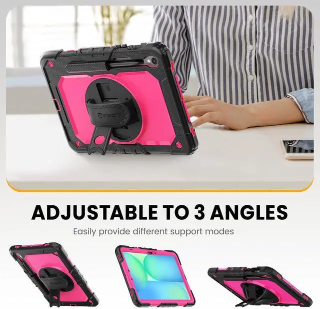 Alt view image 4 of 5 - Timecity Case for Samsung Galaxy Tab S10 FE/ S9 FE 5G 10.9 Inch/ S9 11 Inch - Heavy Duty Protective Cover with Screen Protector, Rotating Stand, Shoulder Strap & S Pen Holder | Kids-Friendly, Rose