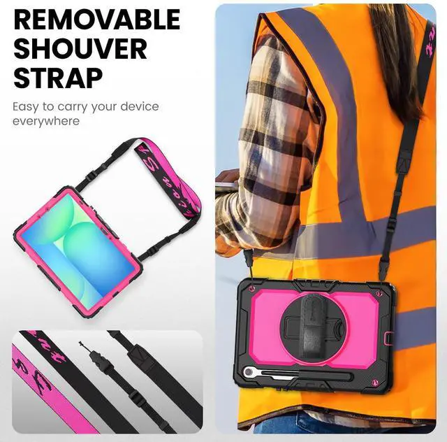 Alt view image 5 of 5 - Timecity Case for Samsung Galaxy Tab S10 FE/ S9 FE 5G 10.9 Inch/ S9 11 Inch - Heavy Duty Protective Cover with Screen Protector, Rotating Stand, Shoulder Strap & S Pen Holder | Kids-Friendly, Rose