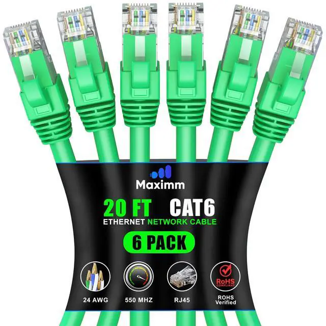 Main image of Maximm Cat 6 Ethernet Cable 20 ft (6-Pack) - High-Speed LAN Cable, Internet Cable, Patch Cable, and Network Cable - UTP, 10Gbps, 550MHz Ethernet Cord - Green