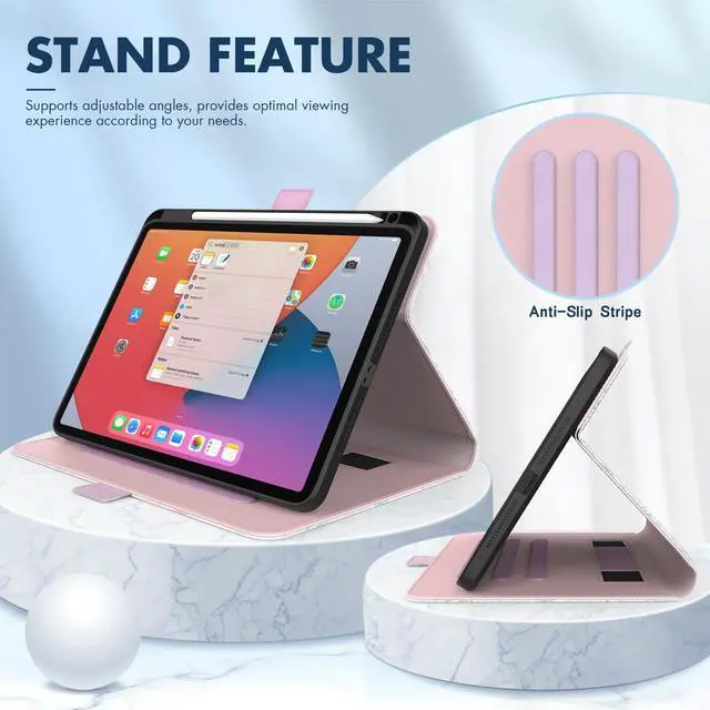 Alt view image 3 of 5 - Dteck for iPad Pro 11-Inch M4 Folio Case 11" 2024 Release, PU Leather Cute Case with Adjustable Stand Angles/Auto Sleep Wake, Pencil Holder/Hand Strap, Protective Lightweight Slim Cover, Pink Blossom
