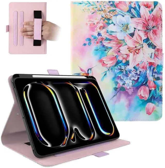 Main image of Dteck for iPad Pro 11-Inch M4 Folio Case 11" 2024 Release, PU Leather Cute Case with Adjustable Stand Angles/Auto Sleep Wake, Pencil Holder/Hand Strap, Protective Lightweight Slim Cover, Pink Blossom