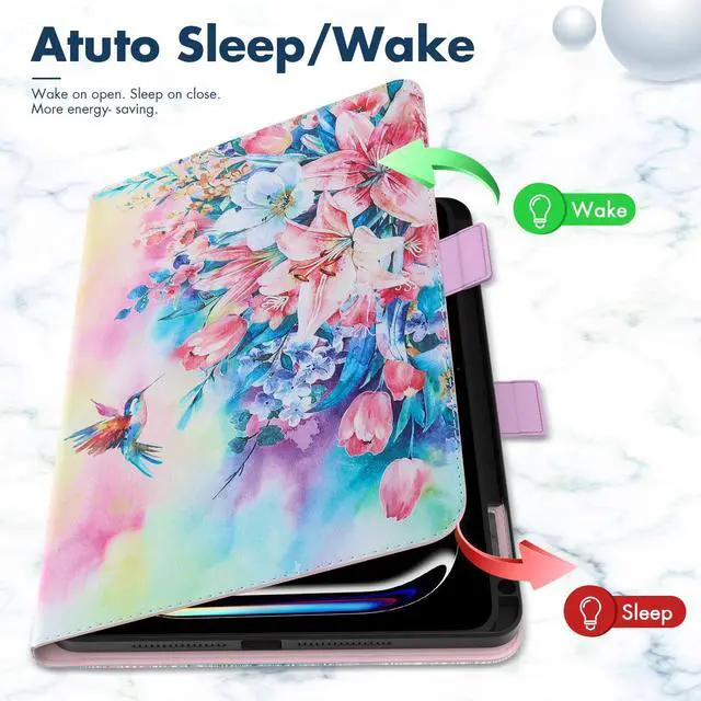 Alt view image 2 of 5 - Dteck for iPad Pro 11-Inch M4 Folio Case 11" 2024 Release, PU Leather Cute Case with Adjustable Stand Angles/Auto Sleep Wake, Pencil Holder/Hand Strap, Protective Lightweight Slim Cover, Pink Blossom