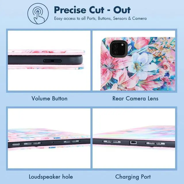 Alt view image 4 of 5 - Dteck for iPad Pro 11-Inch M4 Folio Case 11" 2024 Release, PU Leather Cute Case with Adjustable Stand Angles/Auto Sleep Wake, Pencil Holder/Hand Strap, Protective Lightweight Slim Cover, Pink Blossom