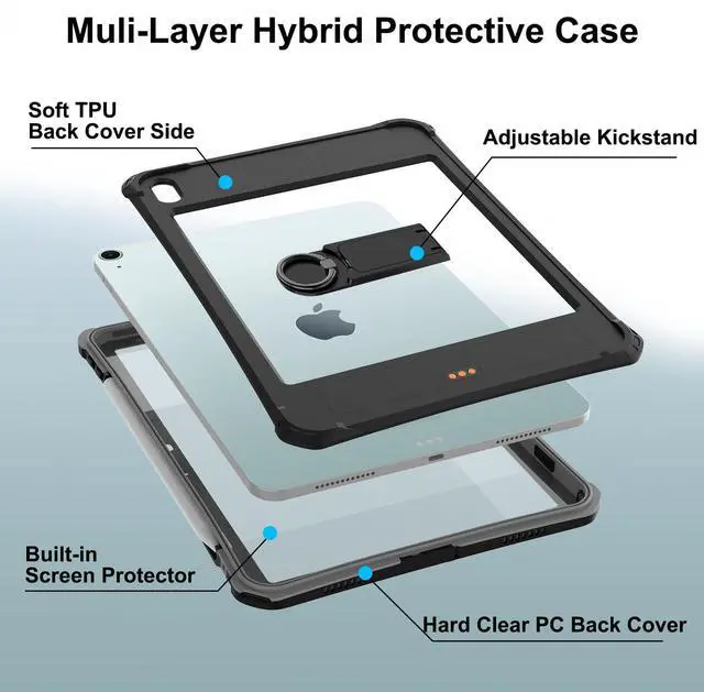 Alt view image 3 of 5 - ShallBox Case Waterproof for iPad Air 11inch(M2) 2024-2025, iPad Air 7th/6th/5th/4th Gen10.9inch(2025-2020), Built-in Screen Protector Pencil Holder Kickstand, Fit with Magic Keyboard, Black-Gray