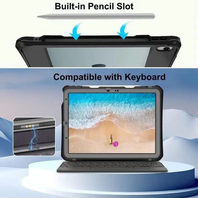Alt view image 4 of 5 - ShallBox Case Waterproof for iPad Air 11inch(M2) 2024-2025, iPad Air 7th/6th/5th/4th Gen10.9inch(2025-2020), Built-in Screen Protector Pencil Holder Kickstand, Fit with Magic Keyboard, Black-Gray