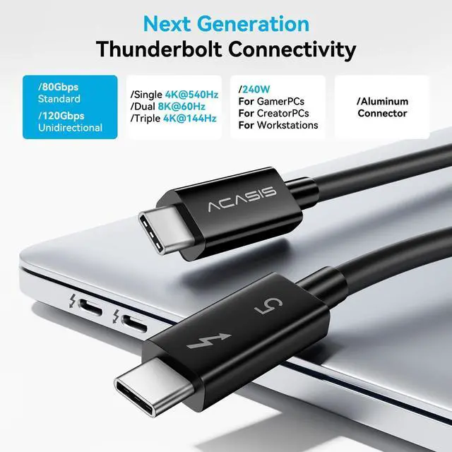 Alt view image 4 of 5 - ACASIS [Intel Certified 80Gbps Thunderbolt 5 Cable 1.6FT, USB C Video Display Cable Support 80Gbps, 120Gbps Bandwidth, 16k@60Hz, 8K@60Hz, 4K@540Hz Compatible with Thunderbolt 4/3, USB4, PD 240W