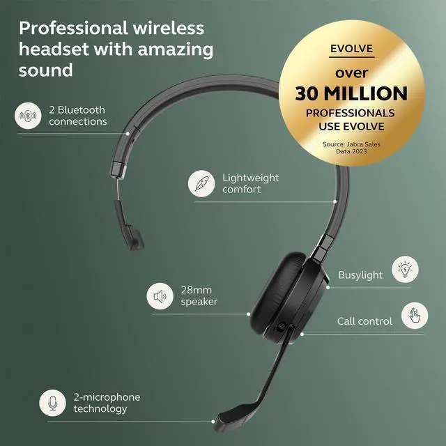 Alt view image 2 of 5 - Jabra Evolve 65 TE (Third Edition) Wireless Single-Ear Headphones - Noise-Canceling Mic, 16 hr Battery Life, Dual Connectivity, MS Teams Certified, Supports Other Platforms, Black