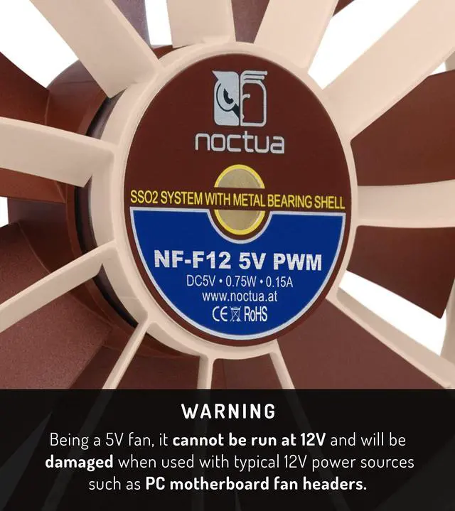 Alt view image 3 of 5 - Noctua NF-F12 5V PWM, Premium Quiet Fan with USB Power Adaptor Cable, 4-Pin, 5V Version (120mm, Brown)