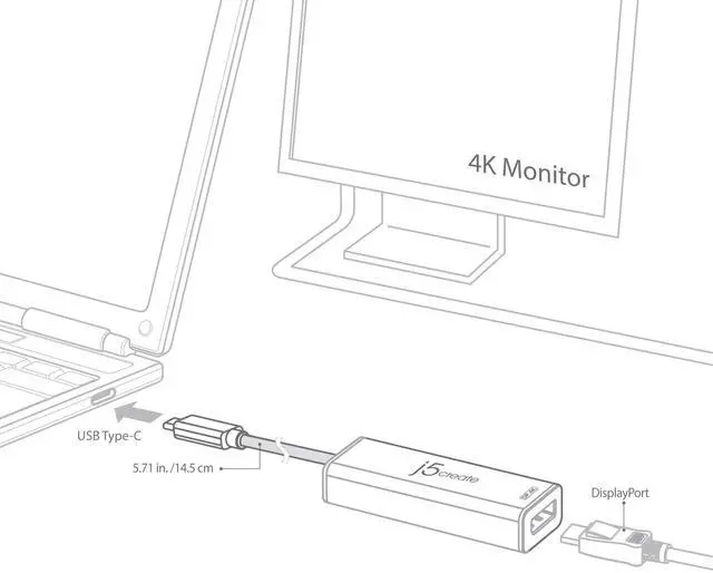 Alt view image 4 of 5 - j5create USB C to DisplayPort Adapter- 4k @ 60Hz USB Type C Male to DisplayPort Female Converter Perfect for Macbooks, Chromebooks, Tablets, PCs