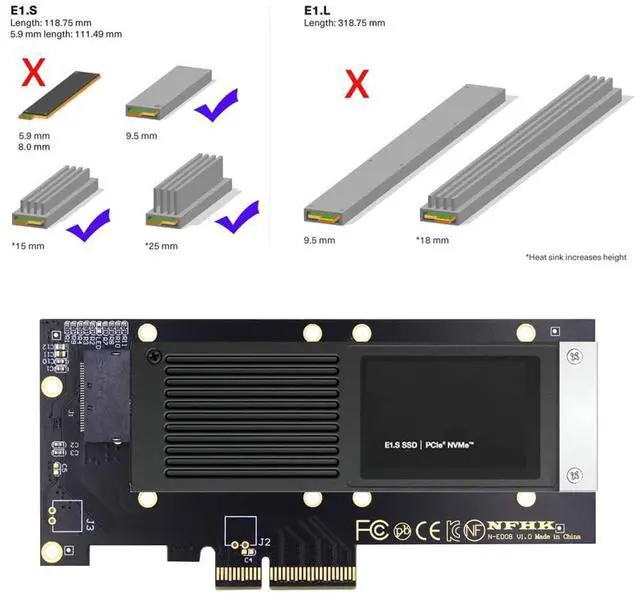 Alt view image 3 of 5 - xiwai PCI-E 4.0 4X Host Converter to EDSFF GEN-Z NVMe Ruler 1U E1.S 9.5mm 15mm 25mm Thickness Short SSD with Heat Sink PM9A3 PM9D3 P5801X Carrier Adapter