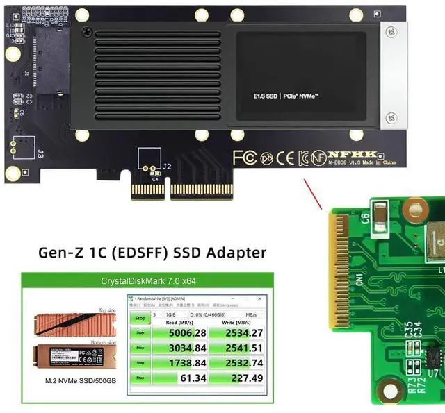 Alt view image 4 of 5 - xiwai PCI-E 4.0 4X Host Converter to EDSFF GEN-Z NVMe Ruler 1U E1.S 9.5mm 15mm 25mm Thickness Short SSD with Heat Sink PM9A3 PM9D3 P5801X Carrier Adapter
