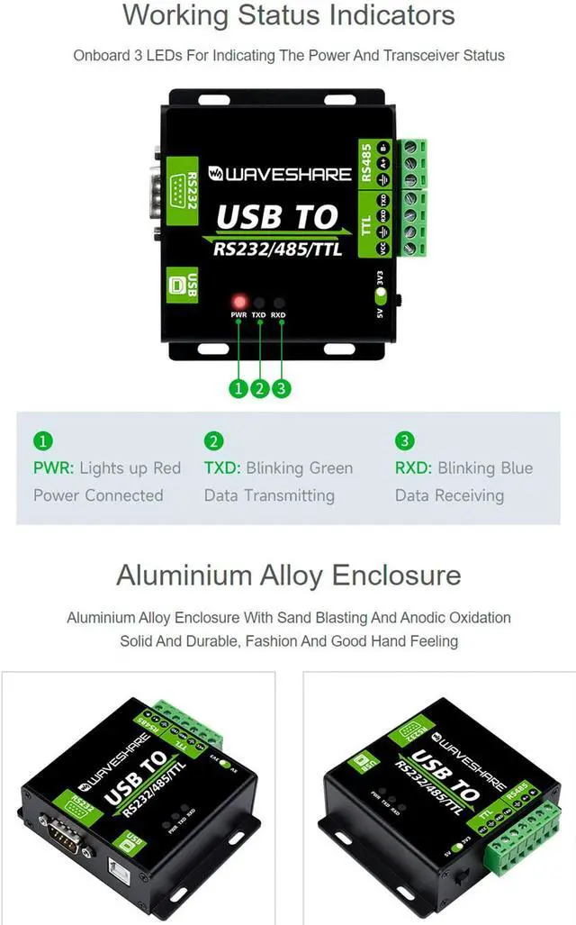 Alt view image 5 of 5 - waveshare USB to RS485/RS232/TTL Converter Industrial Grade Isolated USB Adapter with FT232RL Chip, Support Linux, Android, Windows 11/10 / 8.1/8 / 7, etc. Multi-Protocol/Multi-Type Conversion
