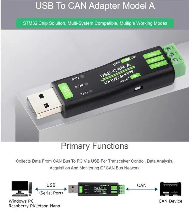Alt view image 2 of 5 - waveshare USB to CAN Adapter Model A STM32 Chip Solution, CAN Baud Rate 5kbps~1Mbps is Configurable, Support Windows XP/7/8/10/11 and Linux Systems, Multiple Working Modes