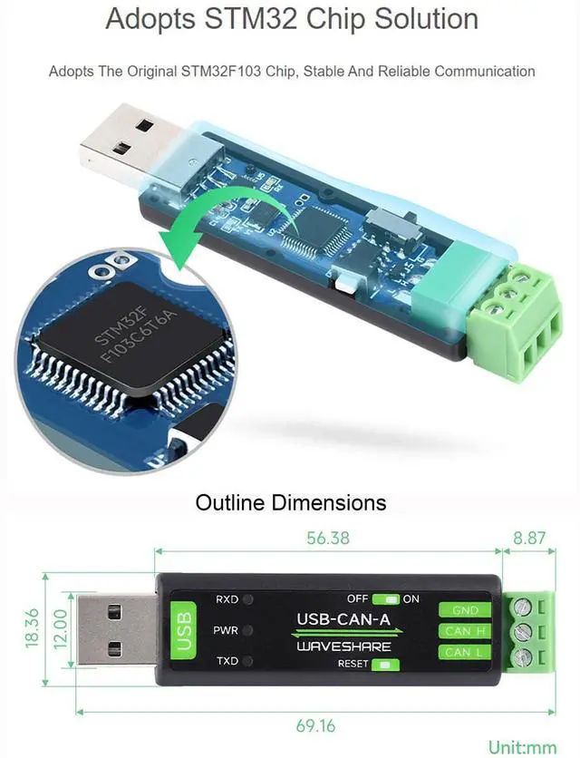 Alt view image 4 of 5 - waveshare USB to CAN Adapter Model A STM32 Chip Solution, CAN Baud Rate 5kbps~1Mbps is Configurable, Support Windows XP/7/8/10/11 and Linux Systems, Multiple Working Modes
