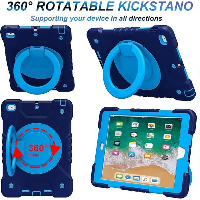 Alt view image 4 of 5 - Andnary Case for iPad 6th/5th Generation 9.7 inch 2018/2017 Case, iPad Air 2/Pro 9.7 inch Heavy Duty Protective Cover with Pencil Holder, Shoulder Strap, 360 Rotate Handle Stand, Navy+Blue