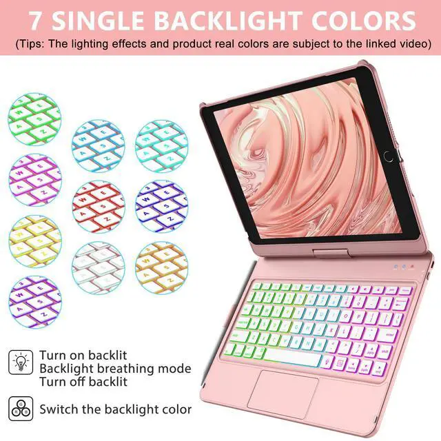 Alt view image 4 of 5 - aMZCaSE Keyboard Case for iPad 9th Generation(10.2",2021),Colorful Backlight,360deg Slim Cover, Keyboard Case with Bluetooth Keyboard&Pencil Holder,for iPad 8th Gen 2020,7th Gen 2019,Rose Gold
