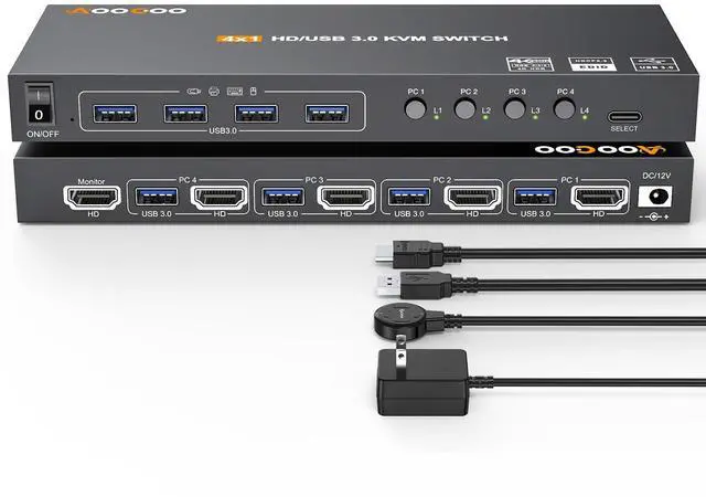 Main image of KVM Switch HDMI 4K@60Hz/2K@120Hz, HDMI KVM Switch for 4 Computer Share 1 Monitor and 4 USB3.0 Devices,Wired Remote and USB Cables Included