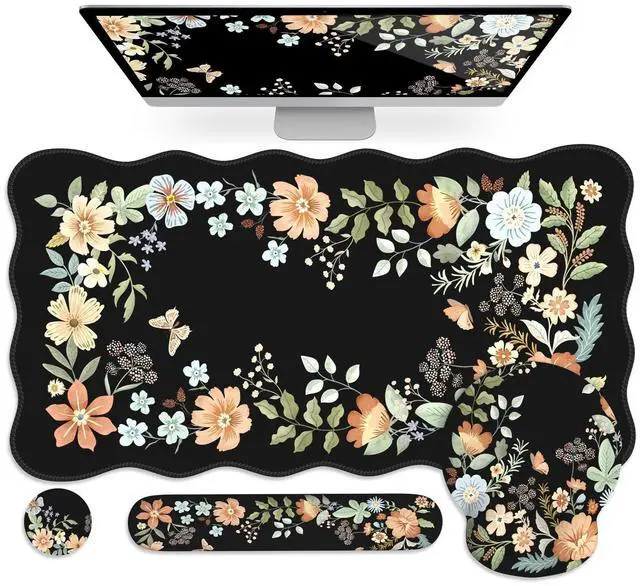 Main image of Anyshock Scalloped Desk Cover Mat, Aesthetic Mousepad with Wrist Rest, Memory Foam Wrist Support for Keyboard, Ultra Smooth Mouse Pad for Office Desk Decor, School Supplies (Black)