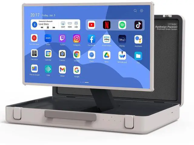 Main image of apolosign packgo(r) 27 inch Portable Briefcase TV, Portable Entertainment System, Android OS, Compact Suitcase Design, Bluetooth 3D Speakers, Built-in Battery 6H, Smart Screen for Travel & Parties