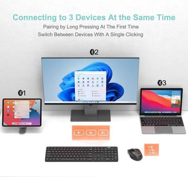 Alt view image 2 of 5 - Arteck Universal Multi-Device Bluetooth Keyboard and Mouse Full Size Wireless Bluetooth Keyboard and Ergonomic Mouse Set for Windows, iOS, Android, Computer Desktop PC Laptop iPad Tablet Smartphone